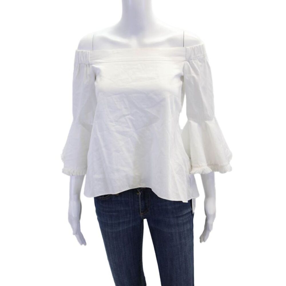 N Nicholas Womens 3/4 Flare Sleeve Fringe Off Shoulder Top White Cotton Size 2